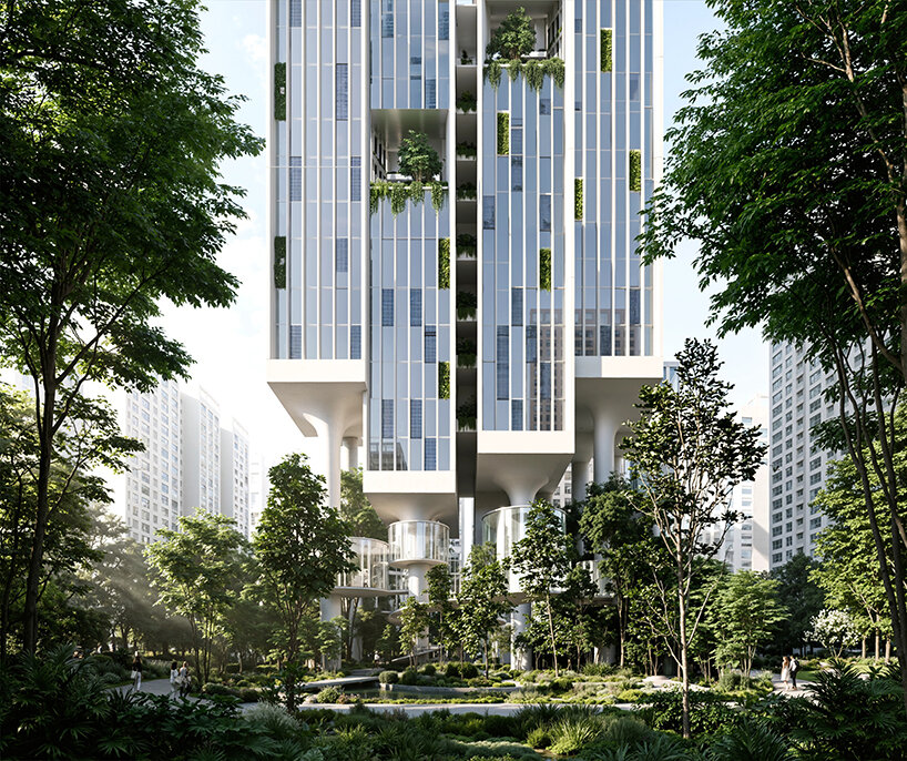 The lifted tower rising on its oversized structural columns above an open landscaped ground plane