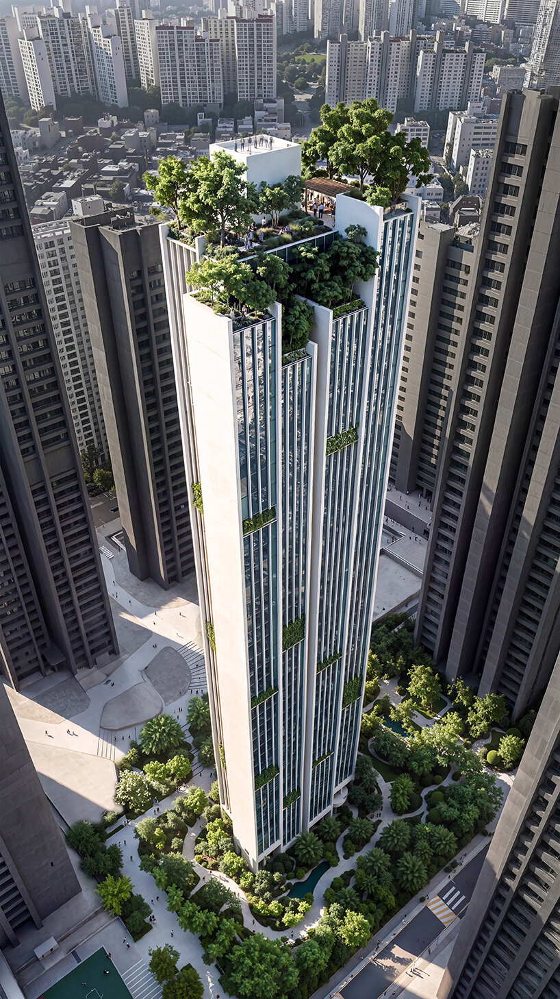 The permeable ground plane beneath the tower, planted and open to stormwater and pedestrians