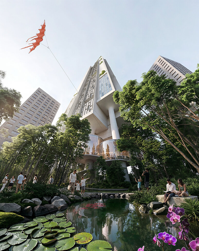 Detail of the tower's adaptive facade and the public landscape held beneath it