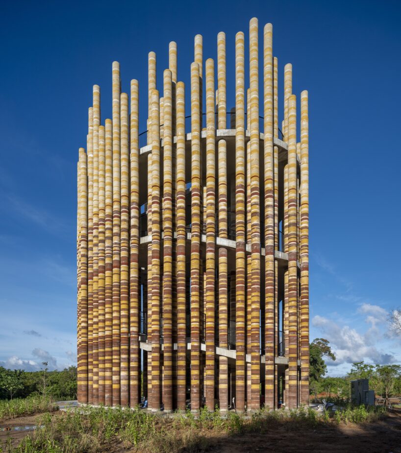 Goya Tower, an observation tower of stacked unfired elephant-dung bricks, rising against the sky in Phang Nga, Thailand