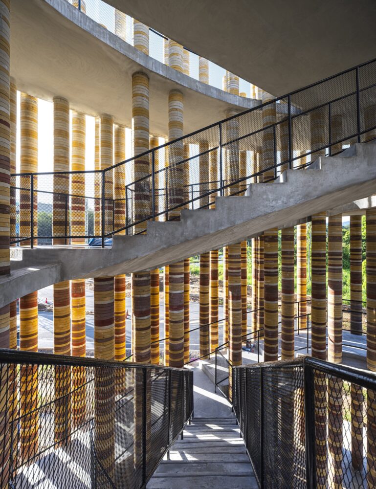 Detail of the handmade circular elephant-dung bricks threaded and stacked at Goya Tower