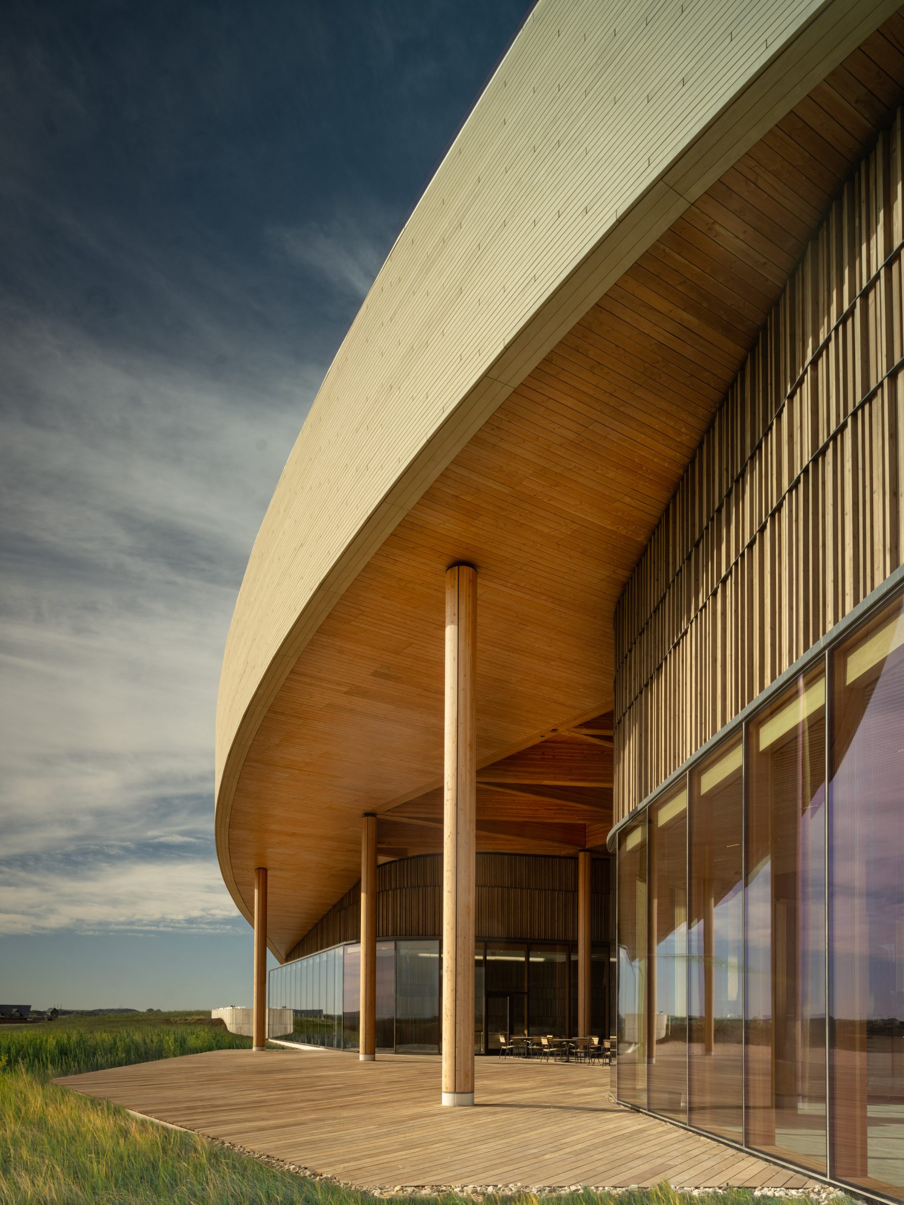The green roof of the Theodore Roosevelt Presidential Library folding into the prairie