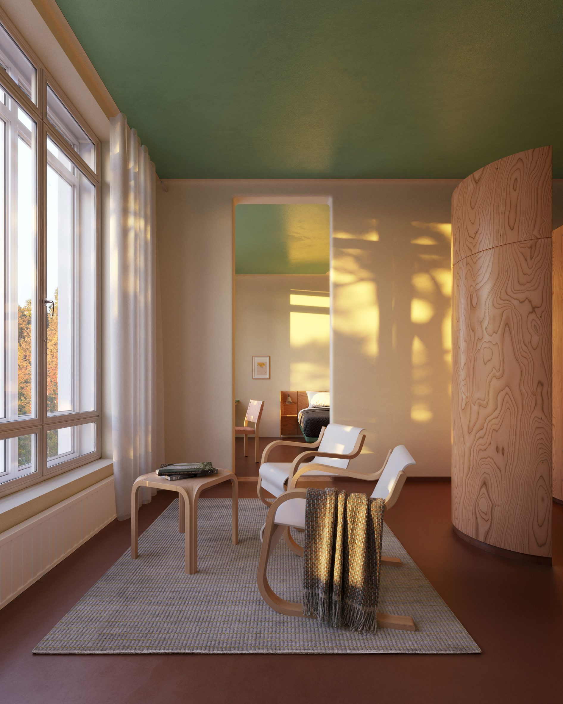 A former patient room, with a freestanding birch-veneer bathroom