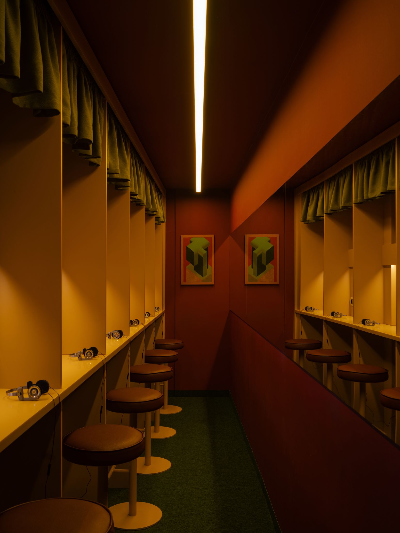One of the curtained listening booths