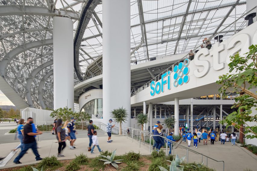 The interior bowl of SoFi Stadium, all screen and span