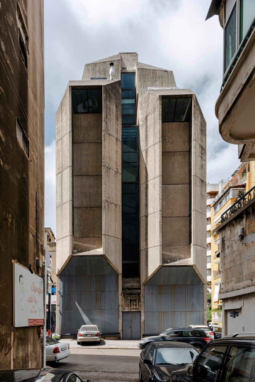 The Interdesign Building in Beirut, Lebanon, by Khalil Khoury, begun 1973 and completed 1997, a stacked concrete structure