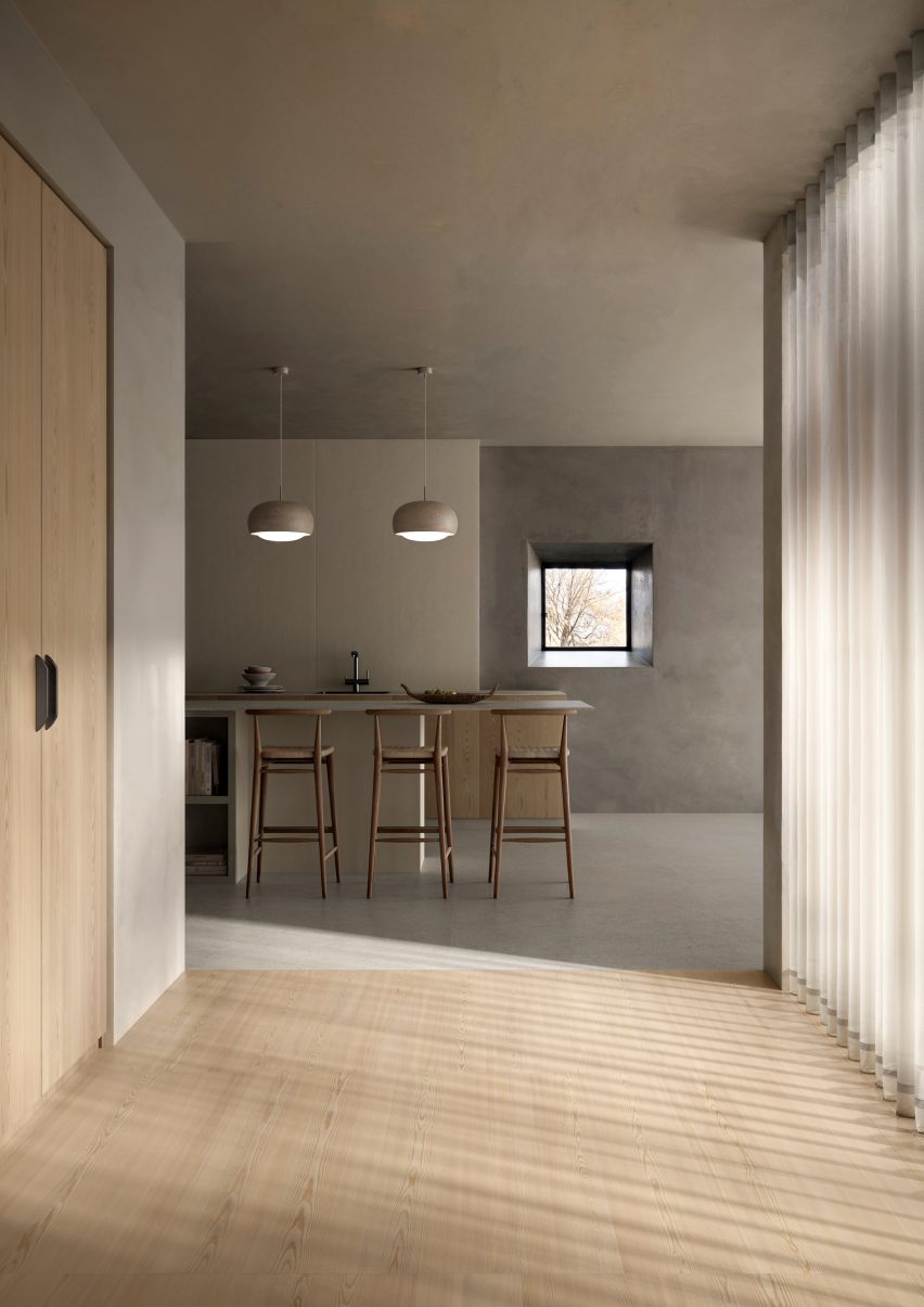 Detail of the larch grain printed on Essence porcelain tiles