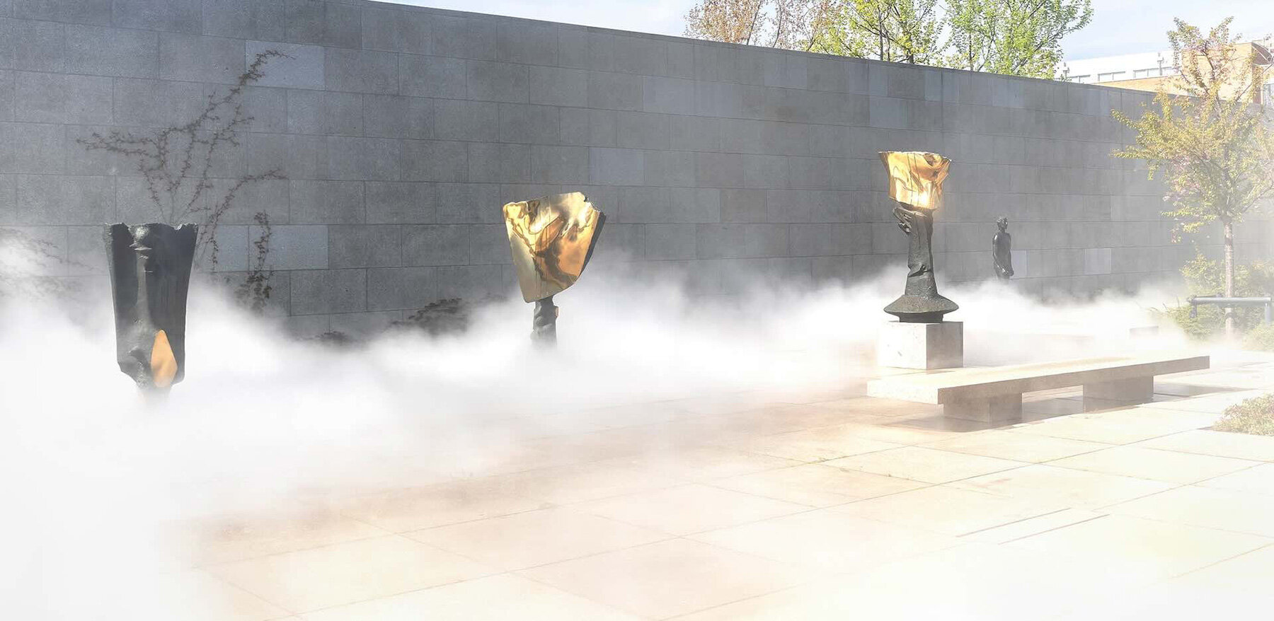 Fog drifting across the sculpture garden at the Neue Nationalgalerie