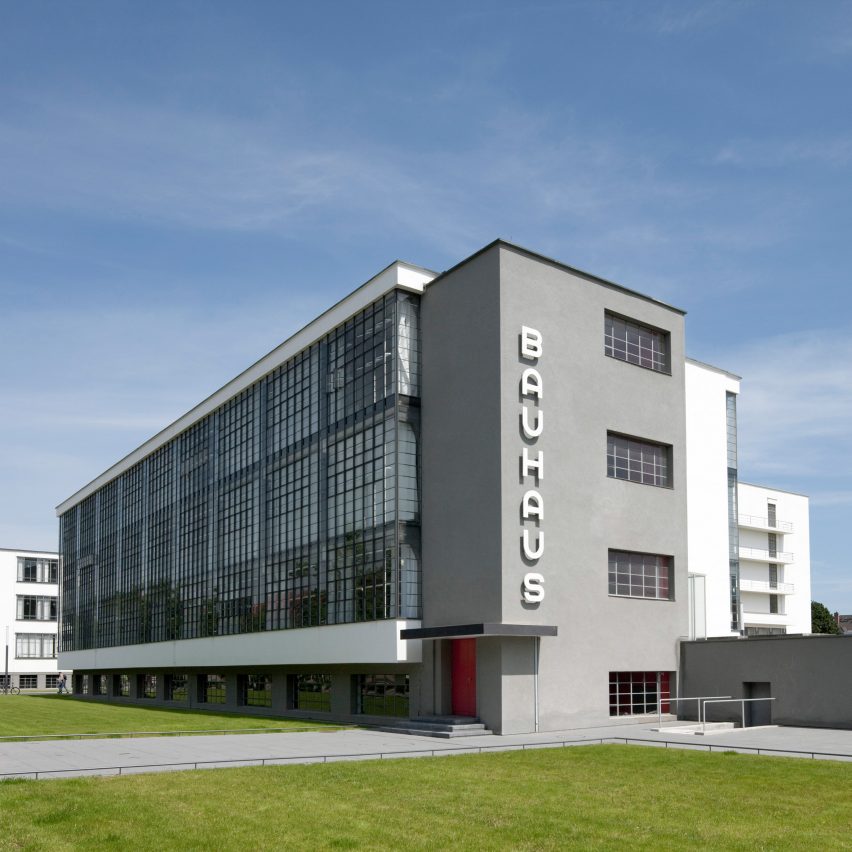 The Bauhaus lettering on the glazed workshop wing at Dessau