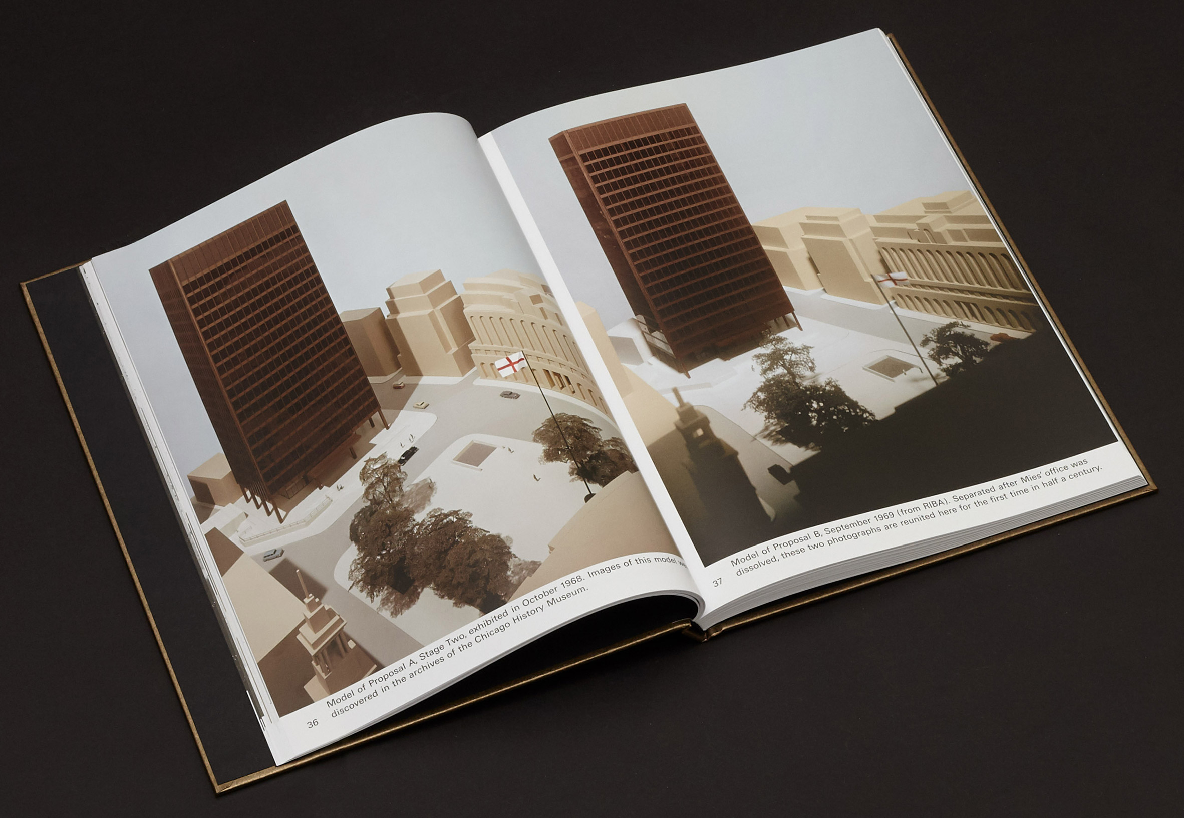 Drawings, model photographs and collages assembled for Mies in London