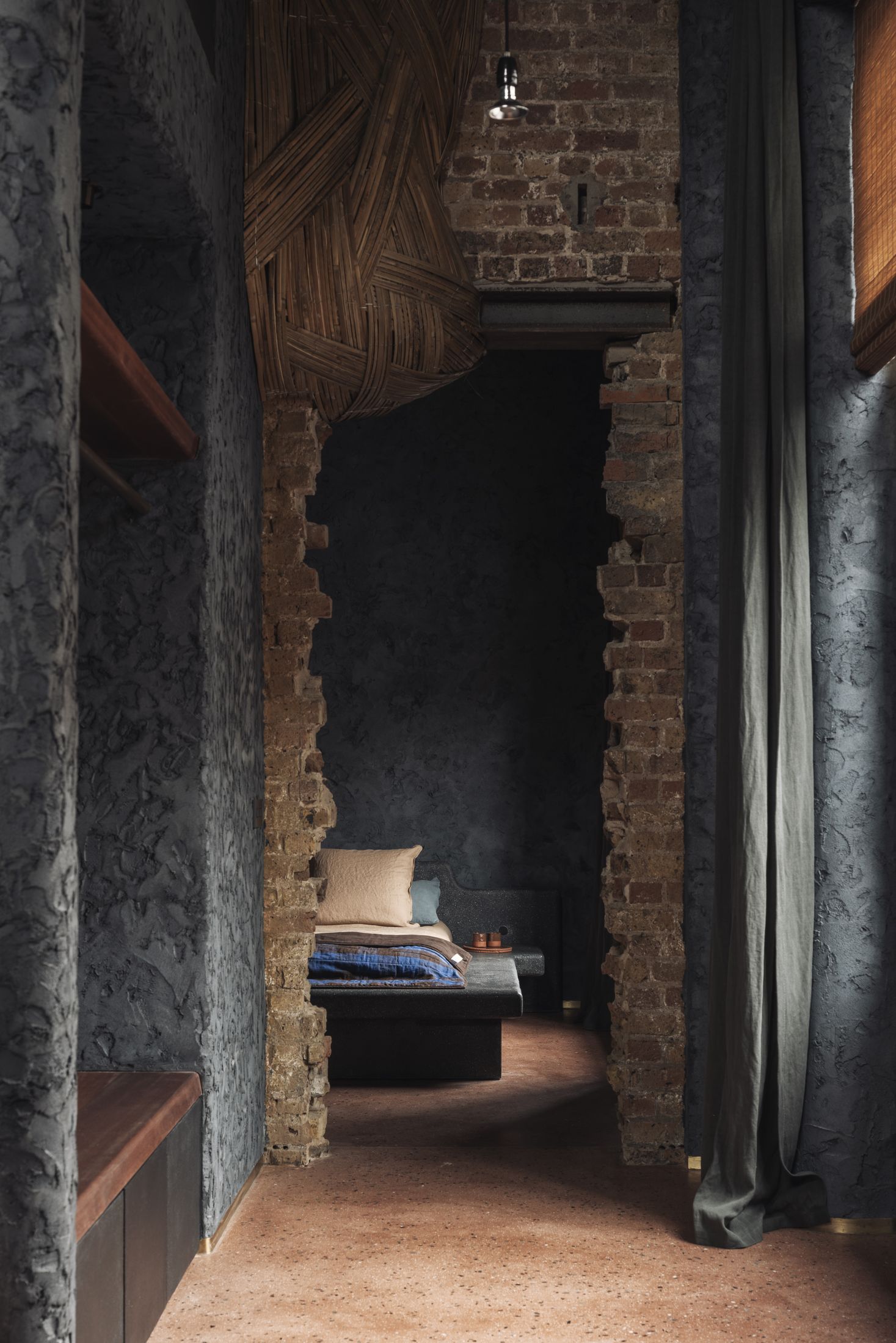A suite at Jonojé, its surfaces plastered and worked by hand
